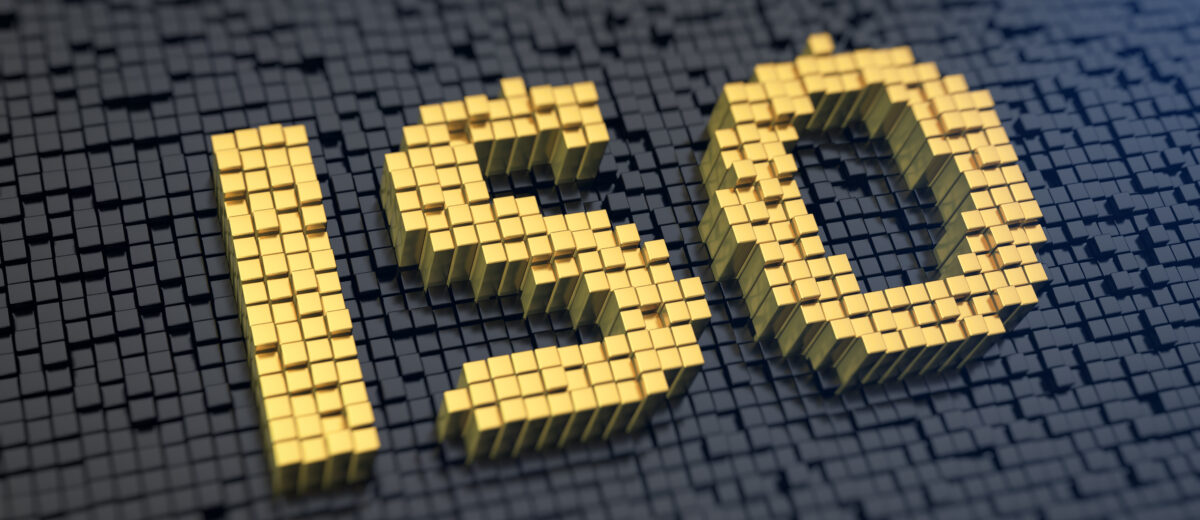 Acronym 'ISO' of the yellow square pixels on a black matrix background. Industry standards or light sensitivity concept.