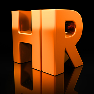 HR letters on black background with reflection. Human resources or recruitment golden acronym