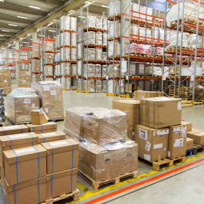 cargo boxes storing at warehouse shelves