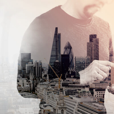 Double Exposure of Designer hand using mobile payments online sh