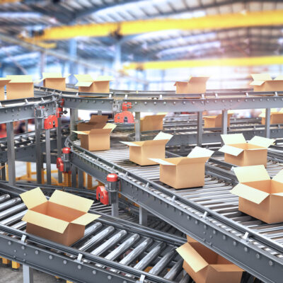 Conveyors with cardboard boxes on white background. 3d illustrat